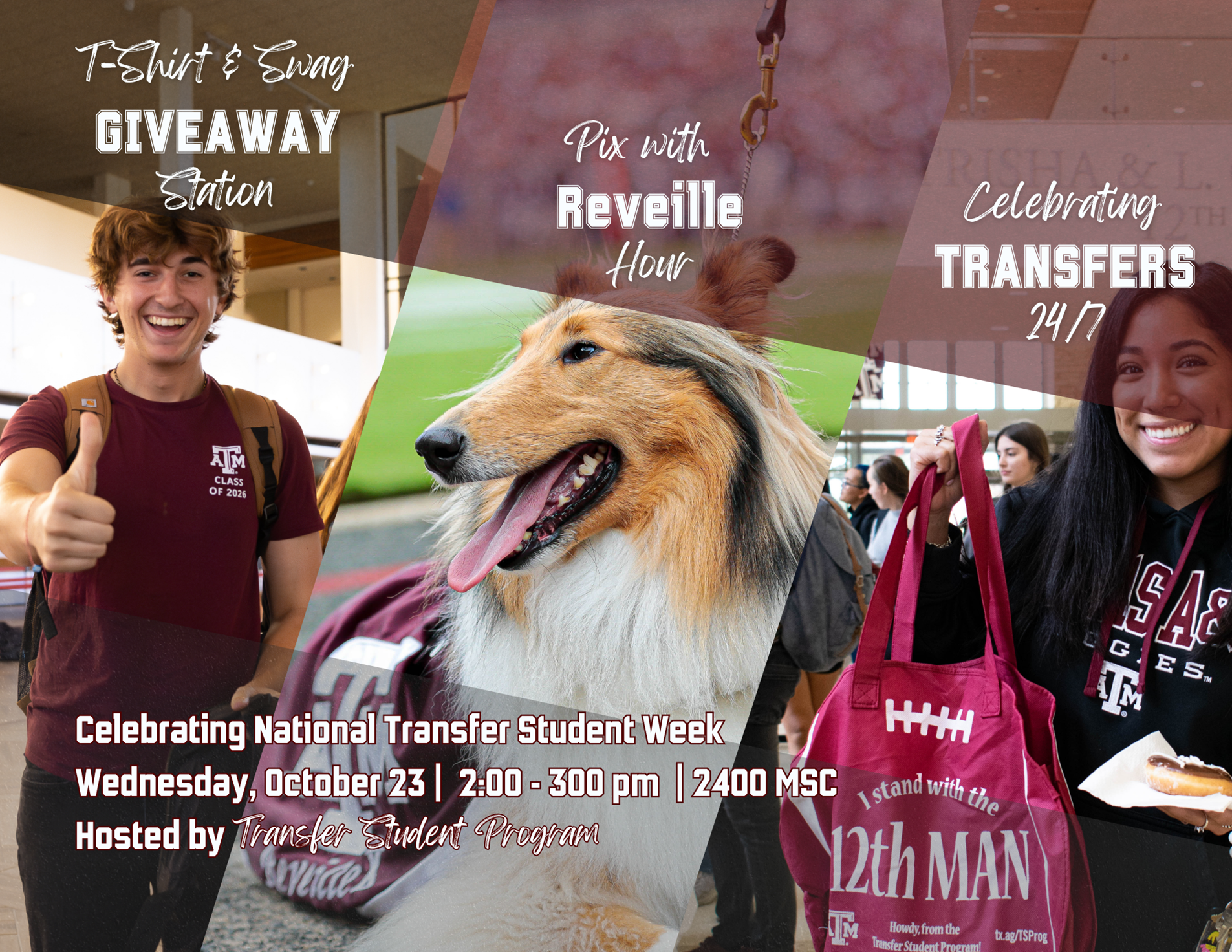 Picture of student with thumb up, mascot and student holding swag bag.