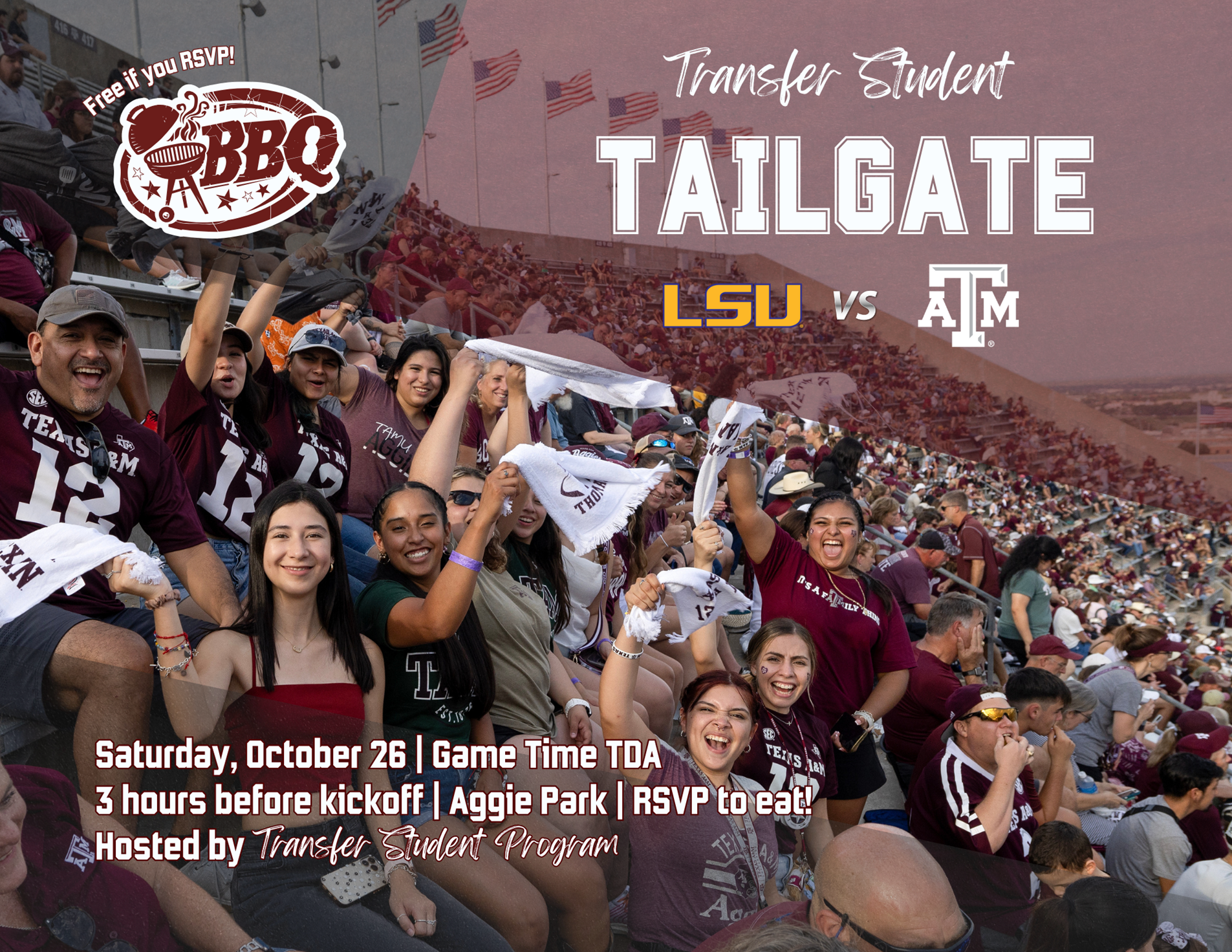 Students in a stand with thumbs up at a TAMU game.